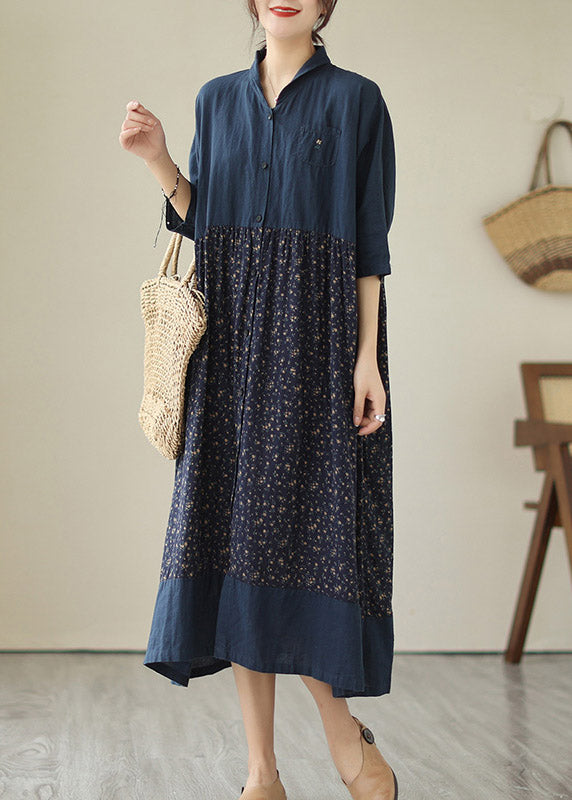 Plus Size Blue V Neck Print Patchwork Button Cotton Long Dresses Summer