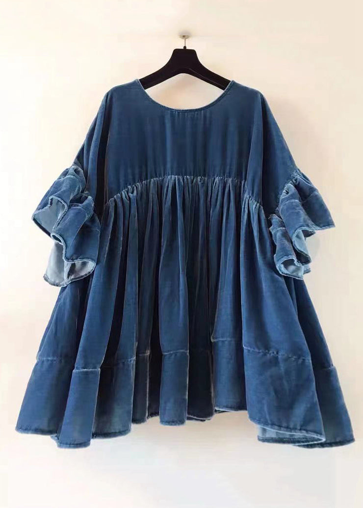 Plus Size Blue Wrinkled Patchwork Velour Short Dress Butterfly Sleeve