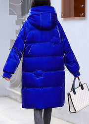 Plus Size Blue Zippered Pockets Warm Fleece Bright Hooded Parka Long Sleeve