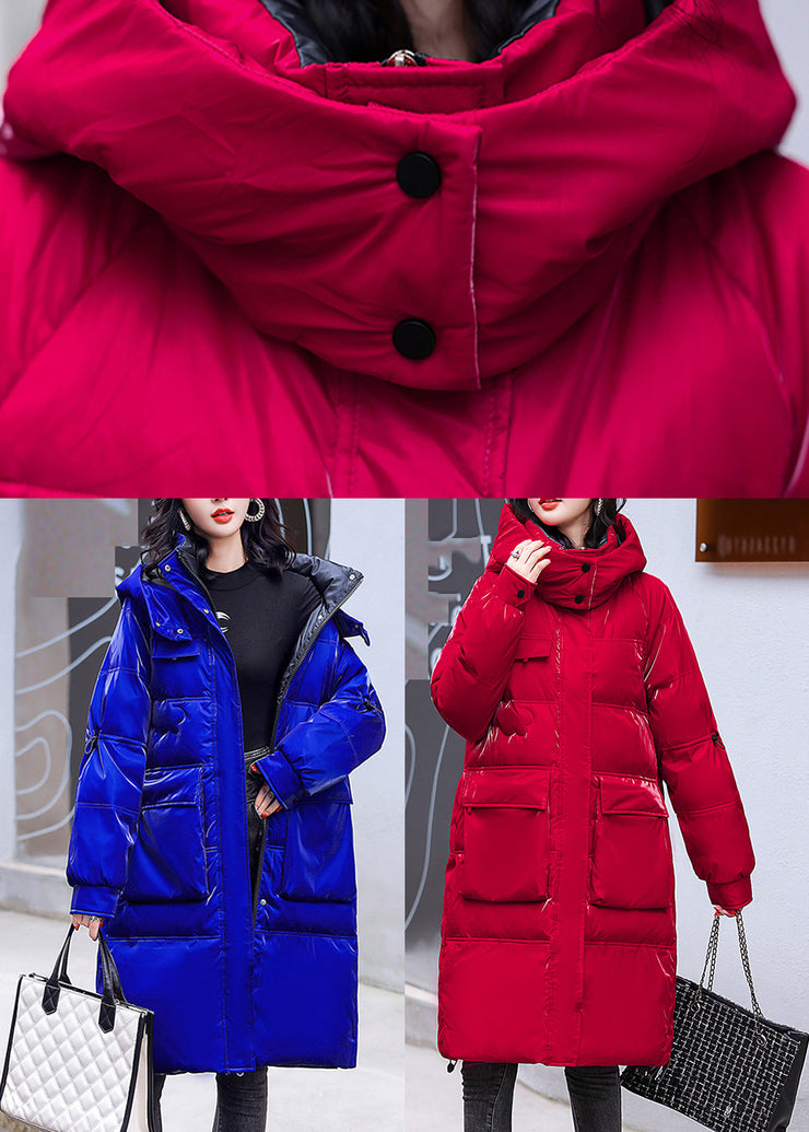 Plus Size Blue Zippered Pockets Warm Fleece Bright Hooded Parka Long Sleeve