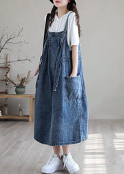 Plus Size Blue-sunflower drawstring pocket Spaghetti Strap Cotton denim Dress Spring