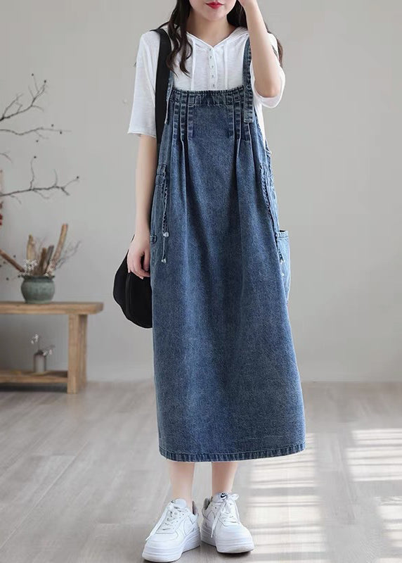 Plus Size Blue-Leaves drawstring pocket Spaghetti Strap Cotton denim Dress Spring