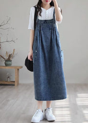 Plus Size Blue-white flower drawstring pocket Spaghetti Strap Cotton denim Dress Spring