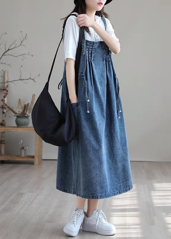 Plus Size Blue-lace drawstring pocket Spaghetti Strap Cotton denim Dress Spring