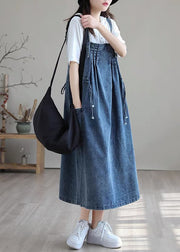 Plus Size Blue-brown flower drawstring pocket Spaghetti Strap Cotton denim Dress Spring