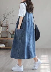 Plus Size Blue-sunflower drawstring pocket Spaghetti Strap Cotton denim Dress Spring