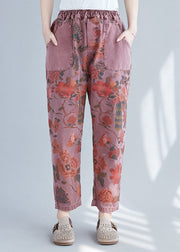 Plus Size Brick Red Elastic Waist Print Cotton Denim Pants Spring