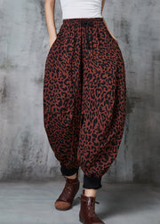 Plus Size Brick Red Oversized Leopard Print Warm Fleece Lantern Pants Spring