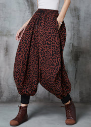 Plus Size Brick Red Oversized Leopard Print Warm Fleece Lantern Pants Spring