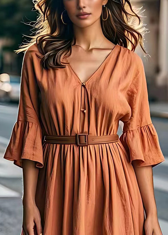 Plus Size Brick Red V Neck Tie Waist Cotton Long Dresses Summer