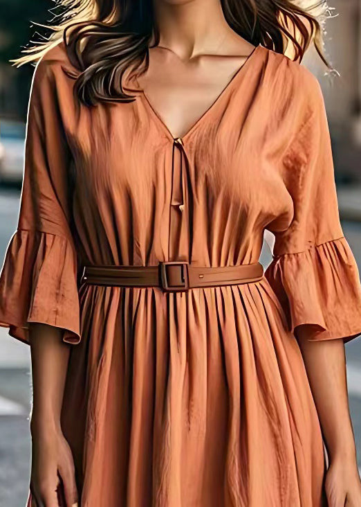 Plus Size Brick Red V Neck Tie Waist Cotton Long Dresses Summer