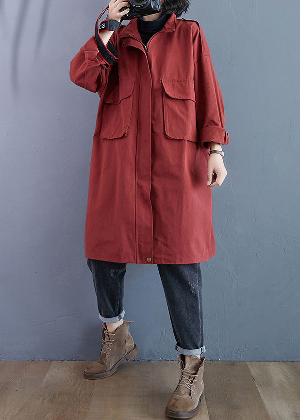 Plus Size Brick Red Zip Up Pockets Patchwork Cotton Trench Coats Fall