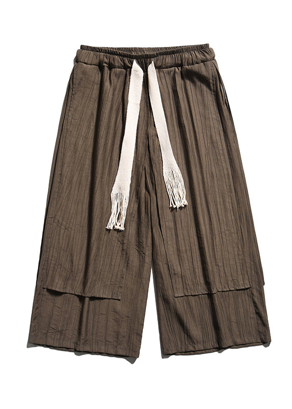 Plus Size Brown Asymmetrical Patchwork Cotton Mens Pants Crop Summer