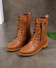 Plus Size Brown Cross Strap Zippered Splicing Chunky Boots