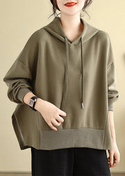 Plus Size Brown Hooded Side Open Cotton Sweatshirts Fall