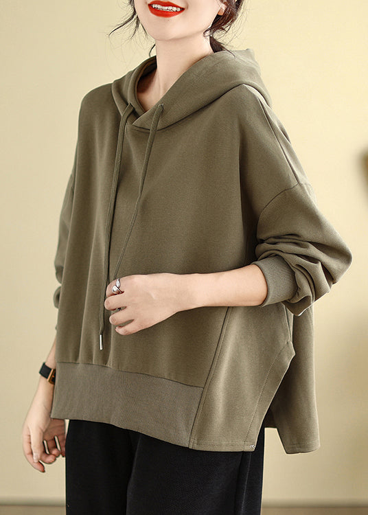 Plus Size Brown Hooded Side Open Cotton Sweatshirts Fall