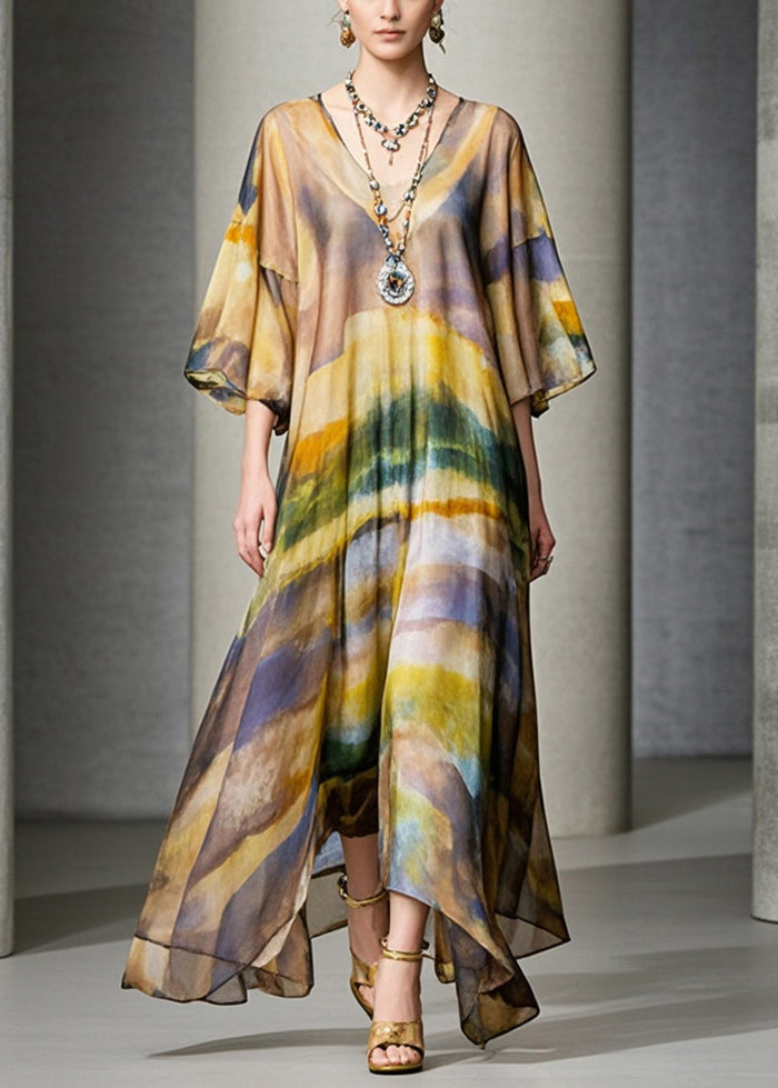 Plus Size Brown Oversized Print Chiffon Maxi Dress Summer