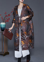 Plus Size Brown Oversized Print Cotton Filled Silk Coat Outwear Spring