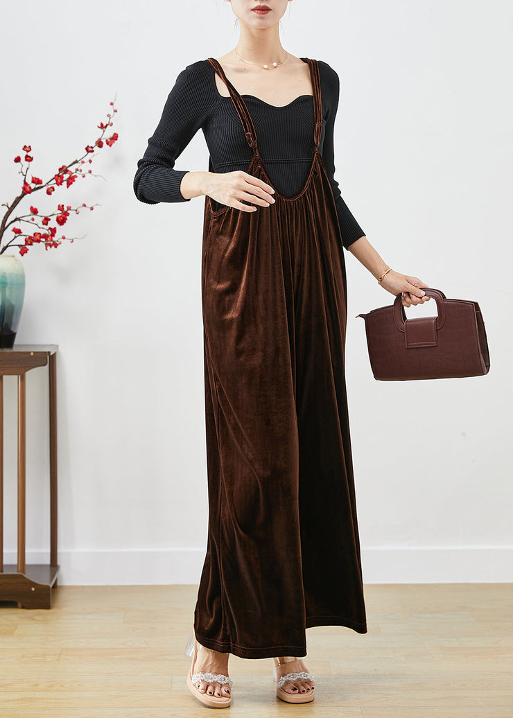 Plus Size Brown Oversized Silk Velour Wide Leg Strap Pants Fall