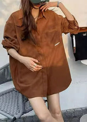 Plus Size Brown Peter Pan Collar Button Shirt Fall