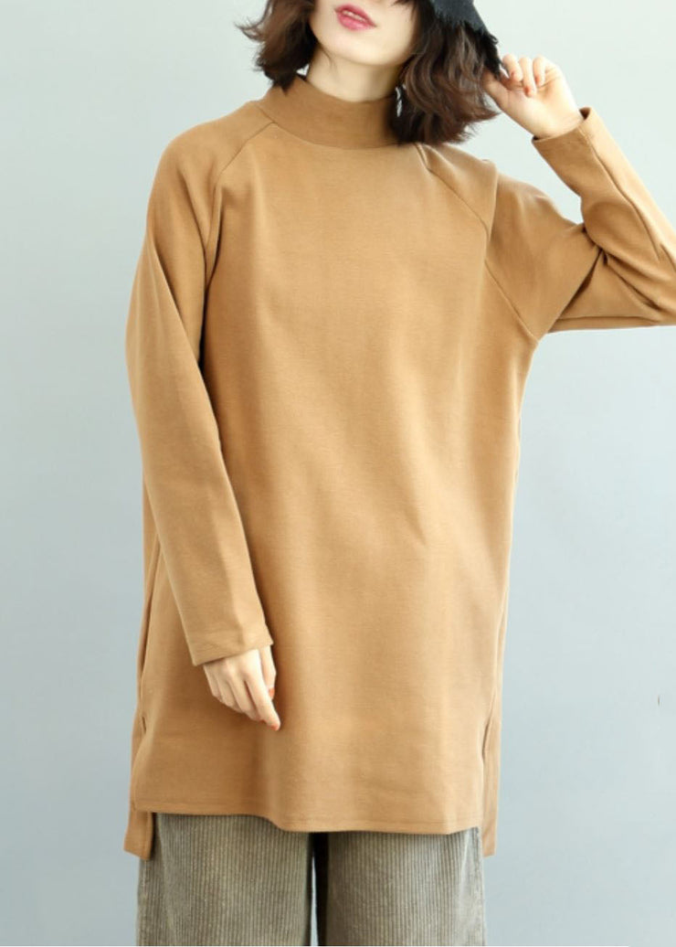 Plus Size Camel High Neck Side Open Warm Cotton Tops Winter