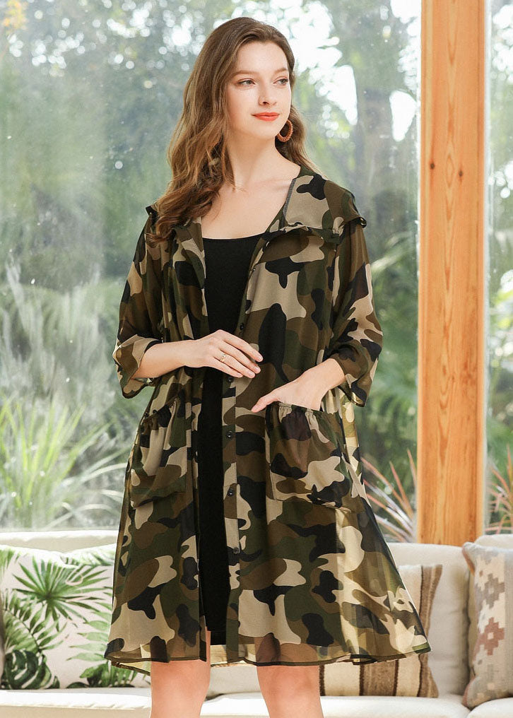 Plus Size Camouflage Hooded Print Chiffon Cardigan Summer