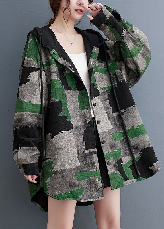 Plus Size Camouflage Print Wrinkled Hooded Coats Long Sleeve