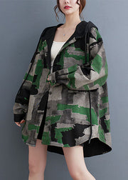 Plus Size Camouflage Print Wrinkled Hooded Coats Long Sleeve