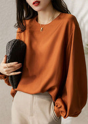 Plus Size Caramel O-Neck Oversized Draping Fine Silk Top Spring