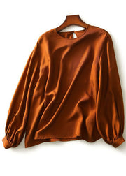 Plus Size Caramel O-Neck Oversized Draping Fine Silk Top Spring