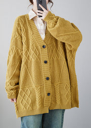 Plus Size Casual Yellow V Neck Button Knit Cardigans Coat Fall