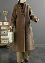 Plus Size Chocolate Embroidered Chinese Button Faux Fur Coats Winter