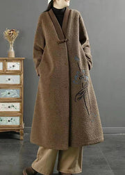 Plus Size Chocolate Embroidered Chinese Button Faux Fur Coats Winter