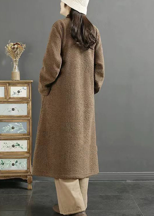 Plus Size Chocolate Embroidered Chinese Button Faux Fur Coats Winter