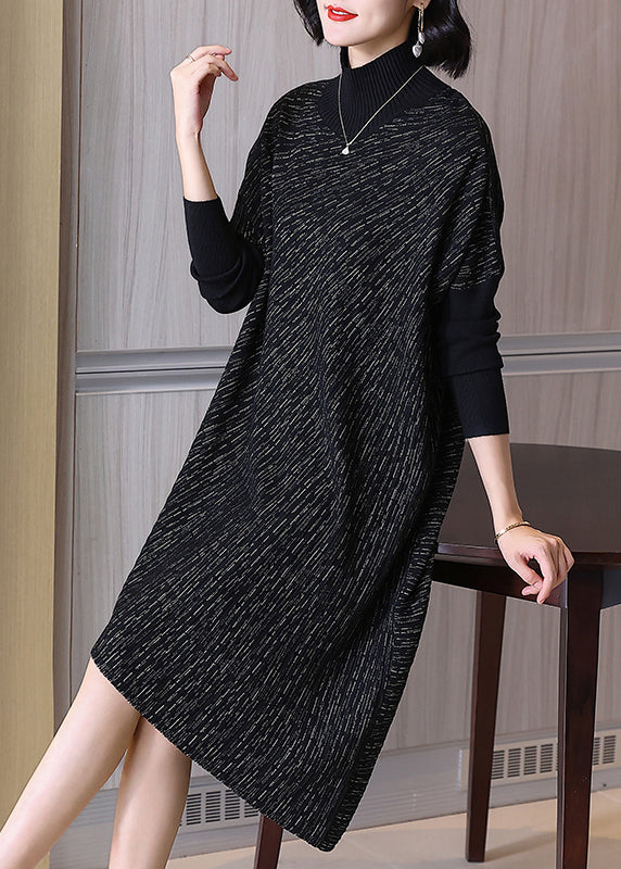 Plus Size Chocolate Hign Neck Patchwork Woolen Sweater Dress Winter