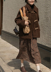 Plus Size Chocolate Horn Button Thick Cashmere Teddy Coat Winter