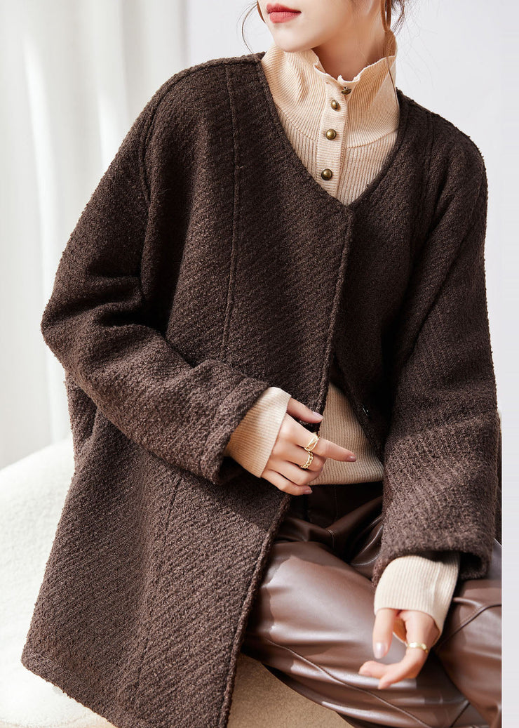 Plus Size Coffee Button Patchwork Cozy Woolen Coat Fall