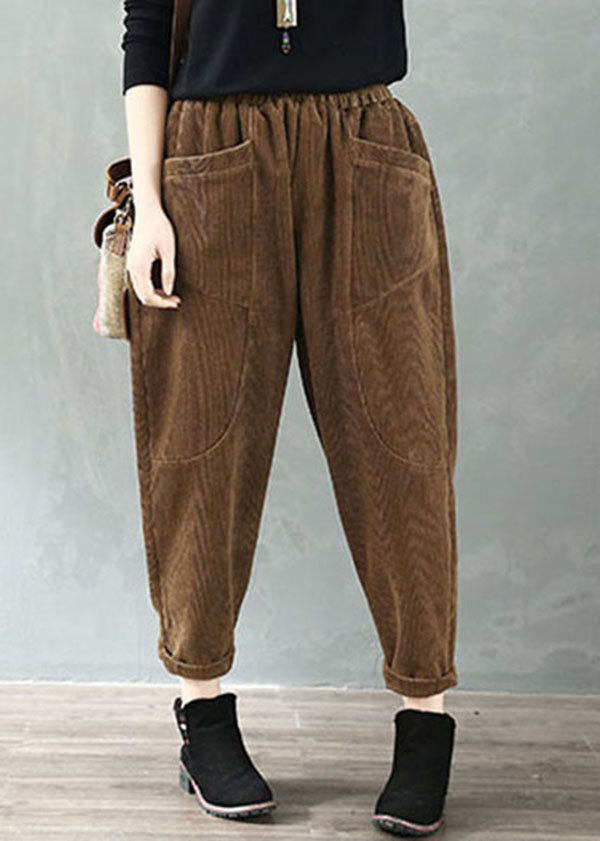 Plus Size Chocolate Elastic Waist Pockets Velour Harem Pants Fall