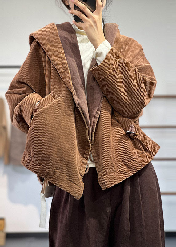 Plus Size Chocolate Hooded Oversized Pockets Corduroy Coat Spring