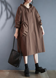 Plus Size Coffee Hooded Pockets Cotton Dress Long Sleeve