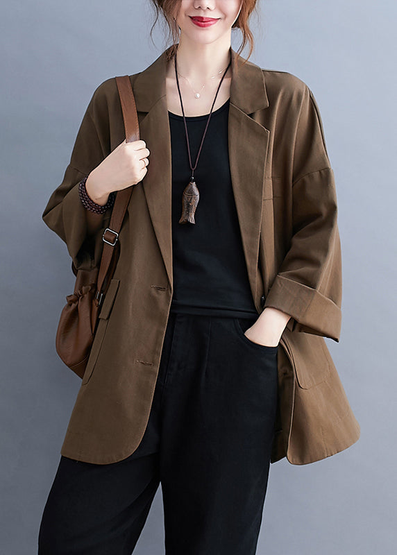 Plus Size Coffee Notched Button Pockets Cotton Coats Fall