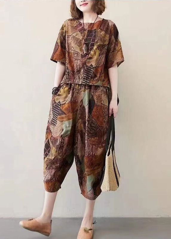 Plus Size Chocolate O-Neck Asymmetrical Design Print Cotton Two Pieces Set Summer