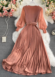 Plus Size Chocolate O-Neck Chiffon Sashes Long Pleated Dress Long Sleeve