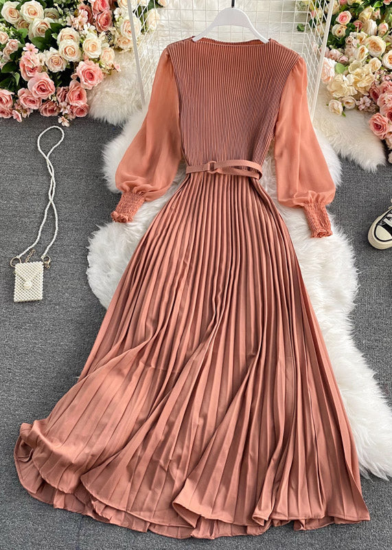 Plus Size Chocolate O-Neck Chiffon Sashes Long Pleated Dress Long Sleeve