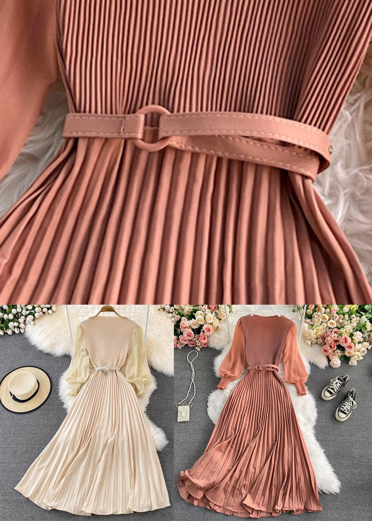 Plus Size Chocolate O-Neck Chiffon Sashes Long Pleated Dress Long Sleeve