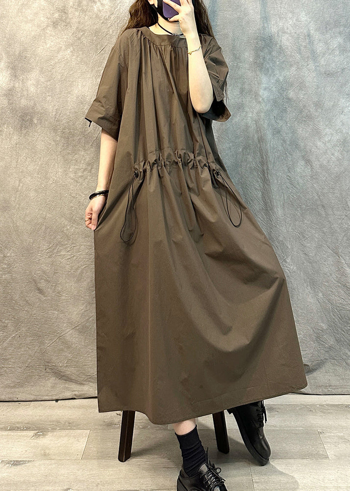 Plus Size Coffee O-Neck Drawstring Cotton Dresses Summer