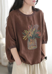 Plus Size Chocolate O-Neck Oversized Print Linen Tanks Short Sleeve