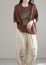 Plus Size Chocolate O-Neck Oversized Print Linen Tanks Short Sleeve