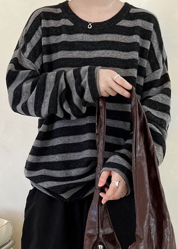 Plus Size Coffee O-Neck Striped Woolen Top Long Sleeve