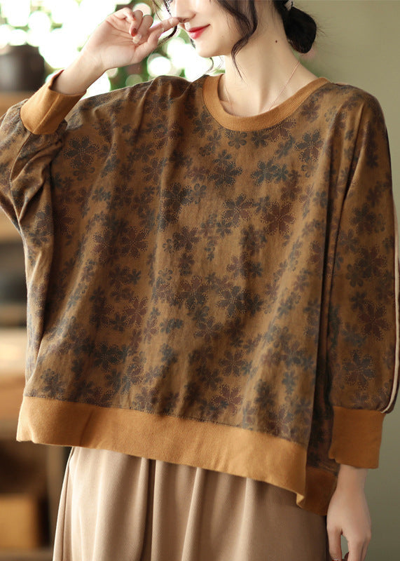 Plus Size Chocolate Patchwork Cotton Sweatshirt Top Batwing Sleeve